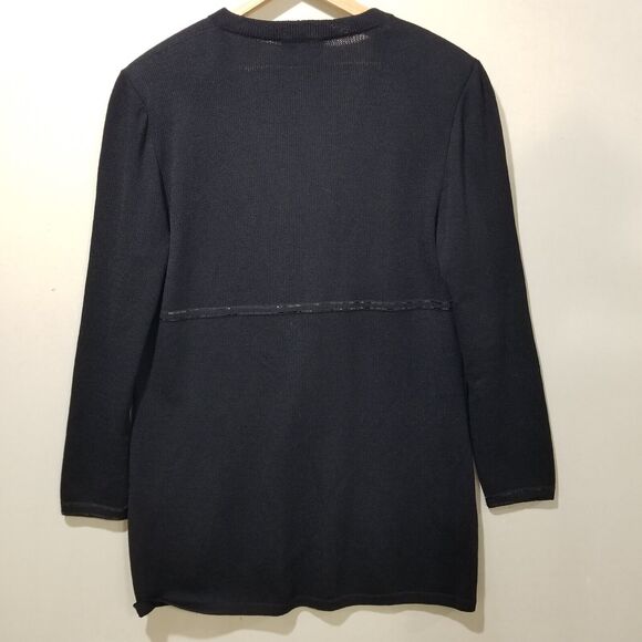 ST. JOHN Santana Knit Sweater Size 14 Black V-Neck Center Bow Clasp Long Sleeve - Picture 2 of 12